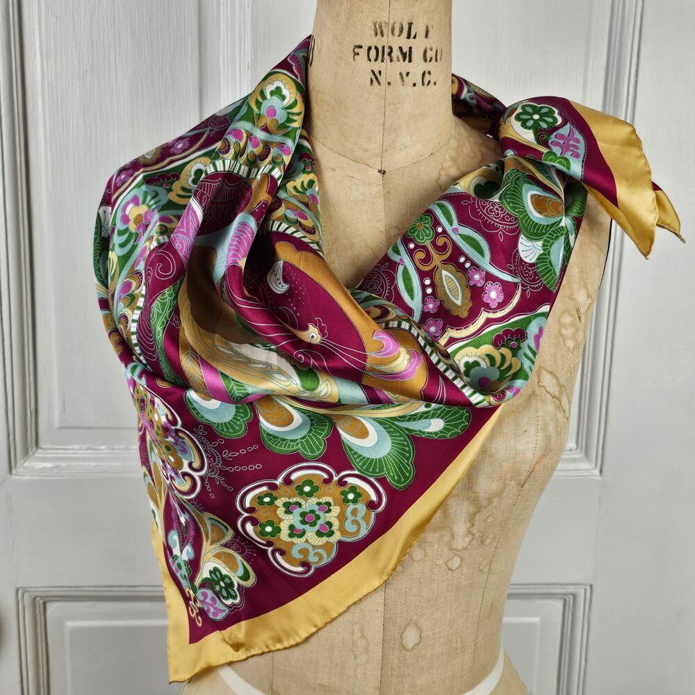 Y2K silk peacock square scarf gold maroon green boho neck waist belt 31x31